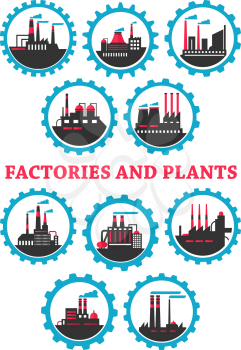 Industrial plants and factories icons with flat silhouettes of buildings, heavy machinery and fuming pipes, framed by blue mechanical gears