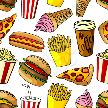 Seamless pattern of fast food with hamburger and pepperoni pizza, hot dog and french fries, coffee paper cup and soda drink, popcorn bucket and strawberry ice cream cone on white background