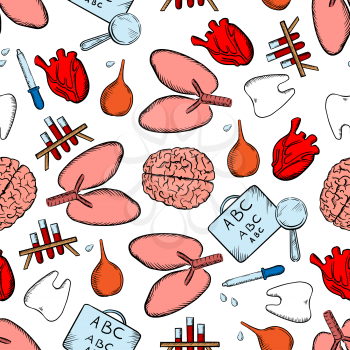 Healthcare and medicine colorful seamless pattern for health theme and medical tests design with blood test tubes and pipettes, human brain and teeth, heart and lungs, visual acuity charts and enemas 