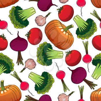 Organic farm harvest seamless pattern with fresh green broccoli and red tomatoes, orange pumpkins and purple beet, zesty pink radish and spicy garlic vegetables