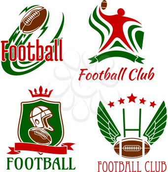 Rugby game design elements for sporting club or team symbols with flying ball, rugby player in position for passing, winged ball with gate on the background, crowned shield with rugby items, adorned b