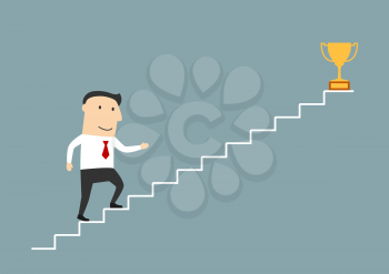 Successful cartoon smiling businessman walking up stairs to golden trophy as symbol of success. Use as stairs to success, goal achievement or leadership theme design