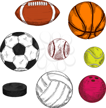 Retro sketch of ice hockey puck with colorful balls for soccer, american football or rugby, volleyball, baseball, basketball, bowling and tennis. Sporting items for competition theme or sport club des