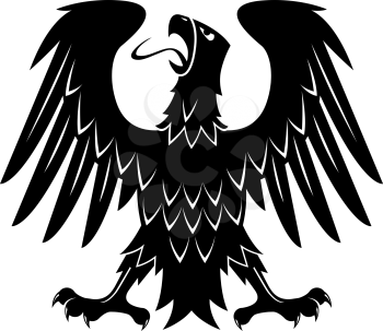 Black heraldic silhouette of medieval eagle with raised wings, outstretched legs and turned head. May be use as heraldry theme, eagle displayed  heraldic symbol or t-shirt print design