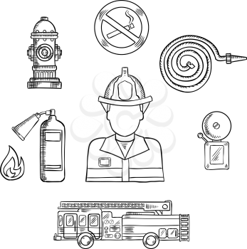 Firefighter in protective helmet and uniform with fire protection sketch symbols, such as fire truck, hydrant, extinguisher, fire alarm and no smoking sign. Rescue and fire department professions them