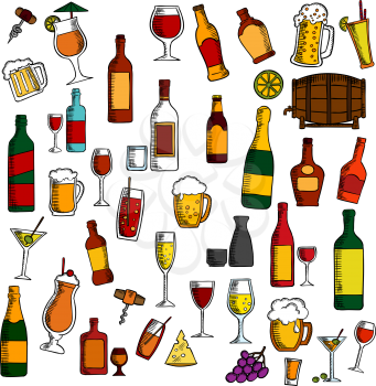 Alcohol drinks and cocktails with snacks and fruits icon with colorful sketches of wine, beer, champagne, martini, vodka, liquor, sake, barrel of wine, bright cocktails, bunches of grape, olives and l