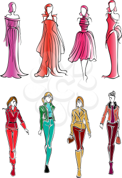 Colorful sketched silhouettes of modern fashionable girls, wearing bright everyday clothes and formal evening sleeveless dresses. Use as fashion, shopping or sale theme design