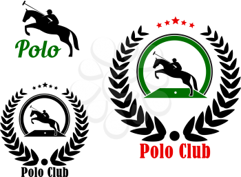 Polo player with rearing up horse and long handled mallet icons for polo club or equestrian sport design, framed by laurel wreath with stars on the top part and caption Polo Club below