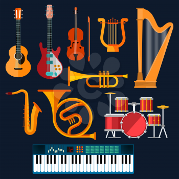 Musical instruments icons with flat symbols of drum set, acoustic and electric guitars, violin, synthesizer, saxophone, trumpet, harp, ancient lyre and horn. Art, culture, musical entertainment concep