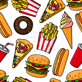 Junk food and drinks seamless pattern with retro stylized cartoon cheeseburgers, hot dogs, pizza, french fries, takeaway cups of sweet soda, vanilla and strawberry soft serve ice cream cones and choco