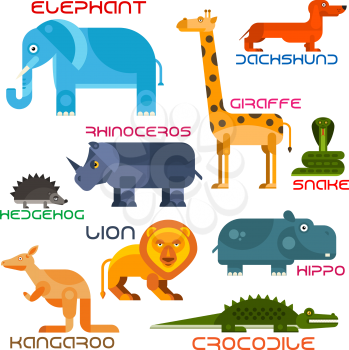 Bright cartoon icons of animals with flat silhouettes of african elephant, giraffe, lion, rhino, hedgehog, dachshund, hippo, crocodile, kangaroo and snake. Wildlife and zoo mascot, children book and n