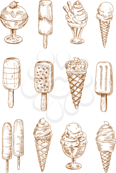 Refreshing fruity popsicles and chocolate covered ice cream bars on sticks, ice cream waffle cones and sundae desserts, topped with fresh strawberries, chocolate drops, nuts and wafer tubes. Summer de