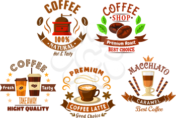 Natural premium coffee drinks in takeaway paper cups, latte and caramel macchiato beverages, coffee beans and vintage coffee mill, encircled by retro ribbon banners, anise seeds, stars and wafer tubes