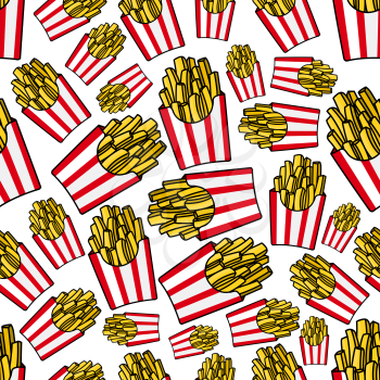 Takeaway french fries cartoon background with seamless pattern of white and red striped paper boxes of fried potatoes. Fast food cafe, textile print or junk food theme design