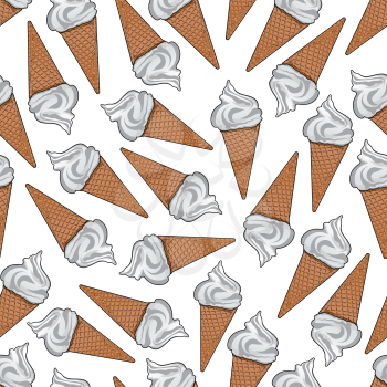 Delicious vanilla ice cream cartoon background with seamless pattern of ice cream cones with golden crispy sugar waffles. Cafe interior, dessert menu, scrapbook page backdrop design usage
