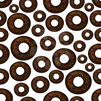 Seamless extremely dark chocolate doughnuts pattern with fast food deep fried donuts, topped with rainbow sprinkles and sugar powder over white background. Takeaway dessert menu, cafe interior design 