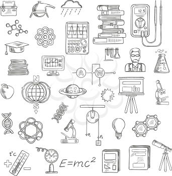 Physics, chemistry and astronomy sketch icons for education and science design with microscopes, laboratory flasks, books, models of DNA, atom, molecule and earth magnetic field, scientist, electrical