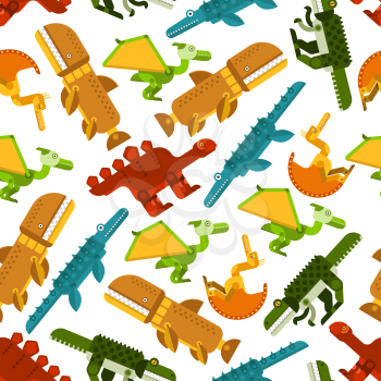 Colorful pattern of seamless dinosaurs and prehistoric animals with herbivores stegosaurs and carnivorous pterodactyls, tyrannosaurs, pliosaurs and liopleurodons on white background. Use as wildlife e