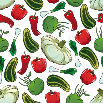 Colorful seamless pattern with sweet red bell peppers, striped green zucchinis, hot red chili peppers, crunchy kohlrabies, fresh leeks and pattypan squash on white background. Great for organic farmin