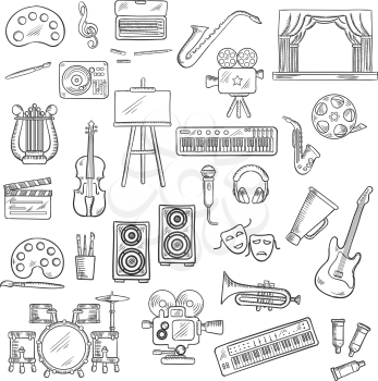 Entertainment themed sketches with palettes, paint brushes and easel, movie cameras and film reel, microphone and musical instruments, theatre scene, tragedy and comedy masks, loudspeakers and headpho