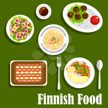 Traditional finnish fish rye pie kalakukko icon, served with salmon cream soup, boiled young potatoes with reindeer stew, meatballs, lingonberry jam, apple salad with beet and onion, cup of coffee. Fl