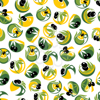 Extra virgin olive oil background with seamless pattern of black olive fruits with green leafy branches and figured jugs of golden oil with drops. Agriculture or vegetarian healthy food theme design u