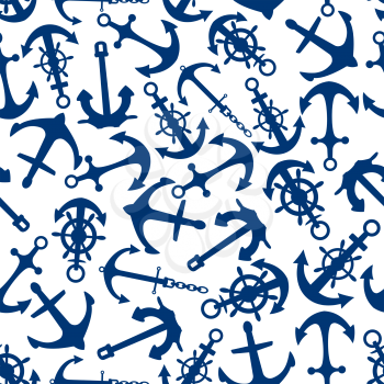 Marine themed seamless pattern of blue ship anchors with vintage helms and chains over white background. Nautical backdrop or sea journey, summer vacation concept design usage