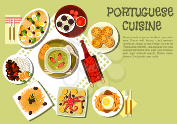 Bright and tasty dinner of portuguese cuisine icon with caldo verde cabbage soup with smoked sausages, octopus, french fries with hot sandwich, feijoada bean stew with meat and rice, baked cod with po