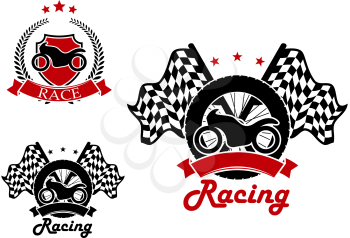 Motorcycle with a tire and race flags on the background and heraldic shield with motorbike icons for motosport and racing design, adorned by black and red ribbon banners and laurel wreath
