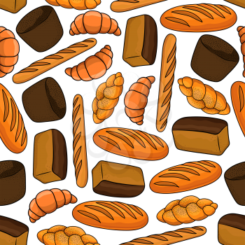 Seamless bakery and pastry pattern on white background with cartoon healthy rye and wholegrain bread, french baguettes and croissants, wheat long loaves and braided sweet buns topped with poppy seeds.