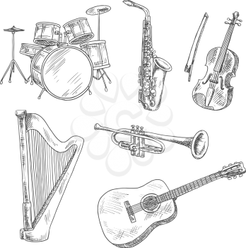 Saxophone, violin, drum set, acoustic guitar, trumpet and harp isolated sketches. Vintage engraving musical instruments for arts, music and entertainment design