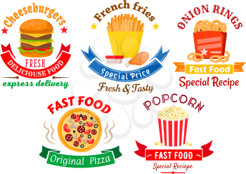 Colorful cartoon takeaway dishes symbols for fast food design with pizza and cheeseburger, boxes of french fries and onion rings, chicken leg and striped bucket of popcorn, framed by retro ribbon bann