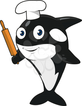 Funny cartoon killer whale baker character in white chef hat standing on tail with wooden rolling pin in fin. Maybe use as restaurant or bakery shop mascot design