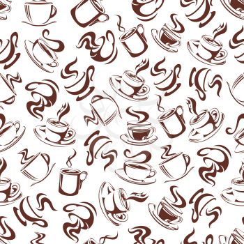 Brown sketch seamless coffee and tea beverages pattern of steaming porcelain cups with espresso and cappuccino, ceramic mugs with black and herbal tea on white background. Cafe interior or breakfast d