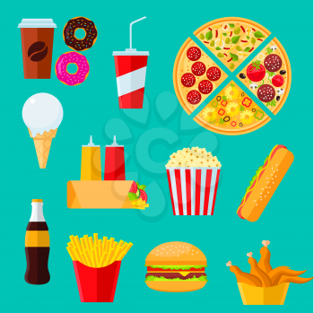 Fast food takeaway menu icon with flat symbols of cheeseburger and hot dog sandwiches, pizza, coffee and soda drinks, tortilla wrap with vegetables and sauces, boxes of french fries and fried chicken,