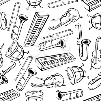 Music and arts pattern background with black and white seamless sketches of saxophones and synthesizers, drums, trombones and cellos. May be use as classic orchestra concert or musical instruments the