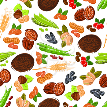 Seamless cartoon fresh and roasted coffee beans, almonds and peanuts, hazelnuts and pistachios, walnuts and coconuts, pods and grains of sweet peas and beans, sunflower seeds and wheat ears pattern on