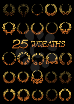 Winner golden wreaths icons with shining floral frames made up of laurel and oak trees branches, flowers and wheat ears tied with ribbons and bows. Use as heraldic symbol or victory celebration design
