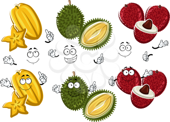 Exotic thai bright red lychees, spiky green durian and yellow carambola cartoon characters with whole fruits and juicy slices. Great for tropical cocktail or vegetarian fruity dessert design usage