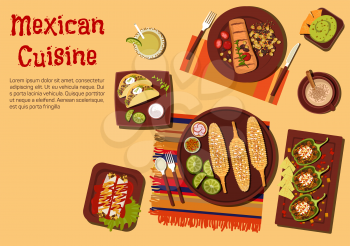 Mexican barbecue dishes for outdoor dinner icon with grilled corn on the cob,  beef steak carne asada and vegetarian tacos with sour cream sauce, chicken enchiladas and chilli bean stuffed peppers, gu