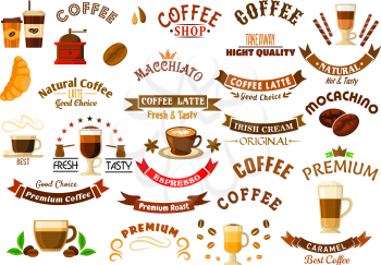 Coffee shop and cafe design elements with retro icons of cups with various coffee drinks and takeaway cups with decaf, coffee beans, grinder and pots, ribbon banners and stars, crowns and pastries