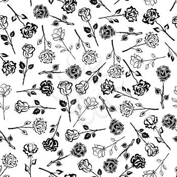 Blooming roses black and white floral seamless pattern background with silhouettes of stalks with lush flowers and leaves. May be used as fabric print or scrapbook page backdrop design