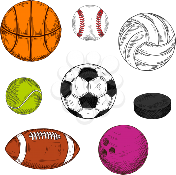 Sketched sporting balls and puck for soccer and american football, baseball and ice hockey, basketball and tennis, volleyball and bowling. May be use as sport team, club and healthy lifestyle design