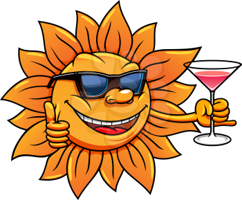Happy bright hot sun cartoon character in sunglasses is drinking cocktail and giving thumb up sign. Great for summer vacation, weekend leisure activity  and traveling design