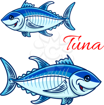 Cartoon atlantic bluefin tuna characters. For aquarium zoo or sporting fishing mascot design with large smiling tunnies fishes with silvery blue scales and dark stripe on spine