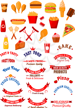 Fast food cafe retro design elements with burgers and hot dog, cake and cupcake, french fries and fried chicken, coffee and soda cups, pizza and ice cream, grilled sausages with sauces, forks and spat