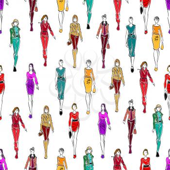 Seamless fashion models pattern for fashion theme or scrapbook page backdrop design with sketch silhouettes of women in elegant business attire, cocktail dresses and modern casual everyday clothes on 