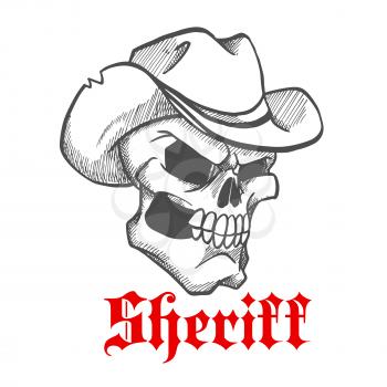 Dangerous and angry skull sheriff symbol wearing old leather cowboy hat with ragged edges. Sketched human skeleton for wild west concept, western adventure theme or t-shirt print design