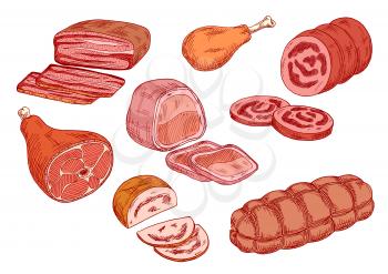 Cooked meat delicatessen sketches with smoked pork ham, sticks of bologna and mortadella sausages, fried chicken leg, baked pork and beef tenderloins. Use as recipe book or butchery shop symbol design