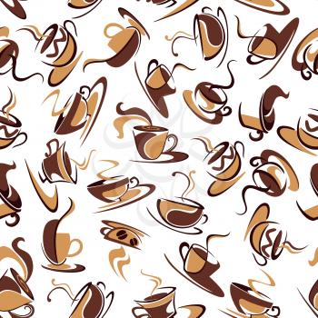 Steaming delectable coffee beverages seamless pattern in brown colors over white background for cafe or kitchen interior design with cups and mugs, adorned by coffee beans and swirling lines